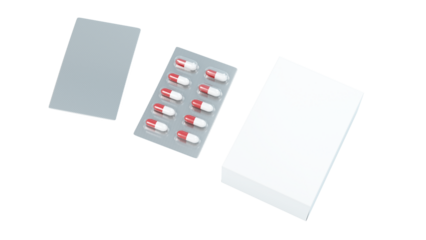 White cardboard box with blister packs 3d rendering on transparent background