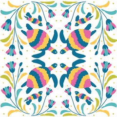 Vibrant Otomi Textile Patten With Turtles