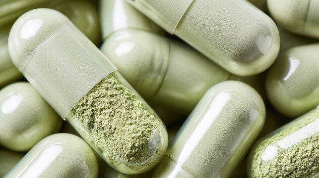 Pills and capsules are scattered and stacked on a surface; a high-resolution top-down view of the product. Healthcare or pharmaceutical concept.