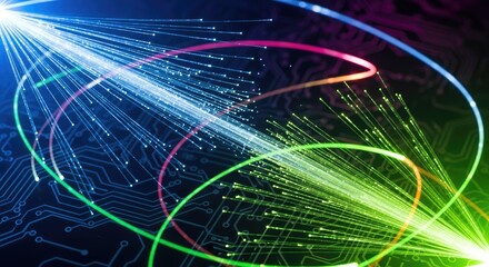 A colorful, abstract digital fiber optic network with vibrant colors and a futuristic, technological theme.