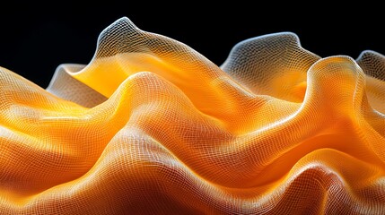 Abstract flowing orange mesh wireframe structure with luminous grid pattern