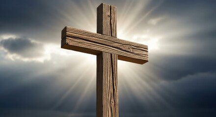 A wooden cross with rays of light shining through it against a cloudy sky.