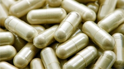 Pills and capsules are scattered and stacked on a surface; a high-resolution top-down view of the product. Healthcare or pharmaceutical concept.