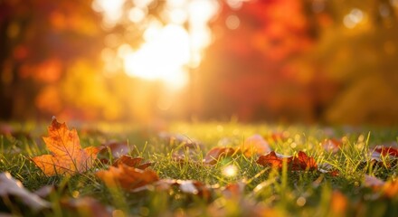 Autumn leaves on a grassy field with a sunlit background.