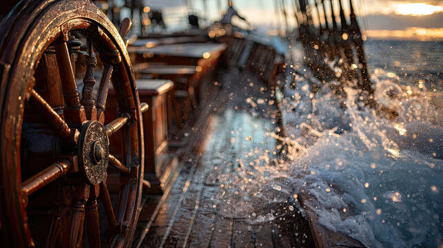 Wooden ship wheel on deck with water splashing at sunset