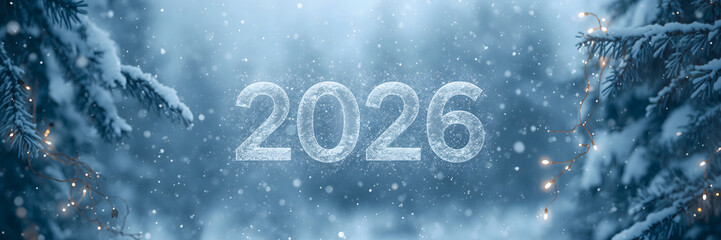 Happy New Year 2026 winter background with frozen ice numbers, falling snow, and festive lights on frosted pine branches. Perfect for holiday greeting cards and celebrations.