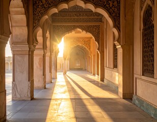 Arched corridor bathed in sunlight, ornate carvings, and ancient architecture