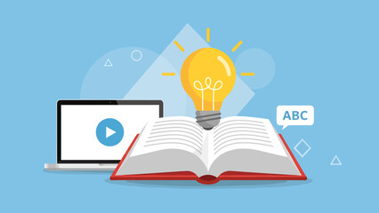 Online learning and education concept with open book, laptop displaying video, and glowing light bulb