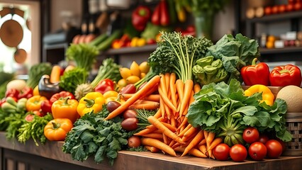 bellpeppers. A colorful display of fresh organic vegetables arranged artistically on a rustic market counter. menu design.