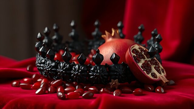 epilogue. Obsidian crown and pomegranate seeds on crimson velvet in dramatic lighting. event programs, museum guides, designed for cultural heritage projects and event programs.