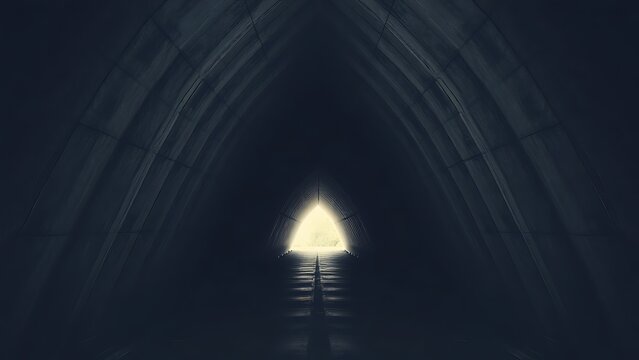 capitulating. Architectural tunnel with converging lines and fading natural light, perspective receding into darkness. real-estate listings.