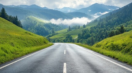 Fototapeta premium Winding mountain road, green hills, misty valley, scenic drive, travel photography