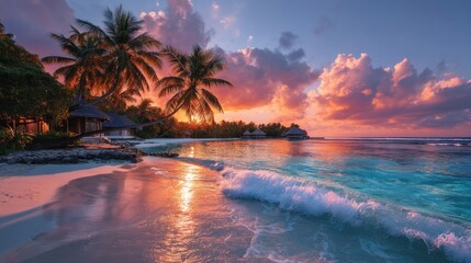 A serene beach scene at sunset, featuring palm trees, gentle waves, and a colorful sky reflecting on the water.