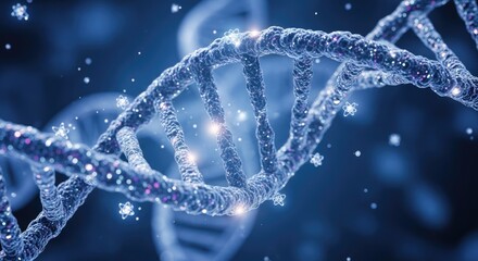 A DNA double helix structure with a blue background.