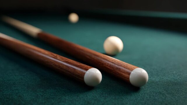 Billiard game background with two cues and balls on green felt table