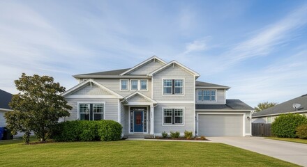 Obraz premium A two-story house with a gray roof and white siding, featuring a garage and a driveway, surrounded by a green lawn and a tree in the front yard.