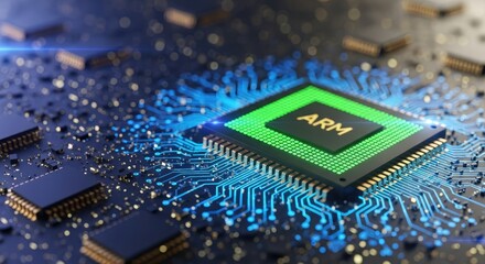 A green and red ARM processor on a circuit board with blue circuitry and glowing components.
