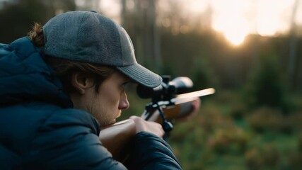 Hunter aiming rifle in forest at sunset, hunting season