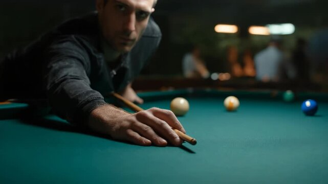 Man aiming at ball on a pool table in a dimly lit billiards room