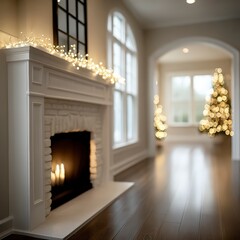 Illuminated Christmas trees and fireplace garland adorn a warm cozy home interior