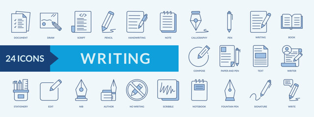 Writing icon collection set with paper and pen,text,writer,stationery,edit,nib,author
