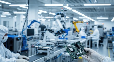 A hand holding a circuit board in a high-tech manufacturing facility.