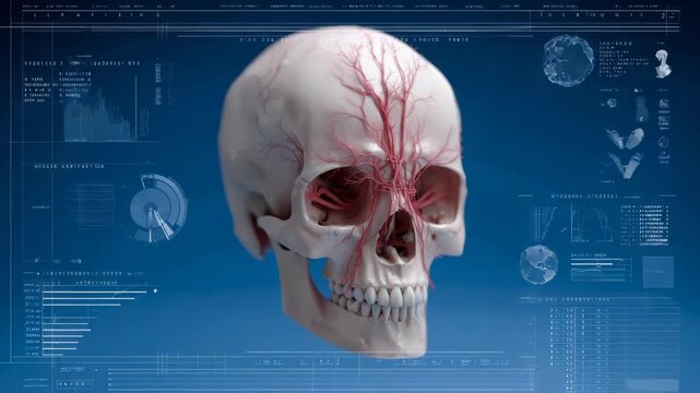 Human skull with facial veins in a medical visualization scan display