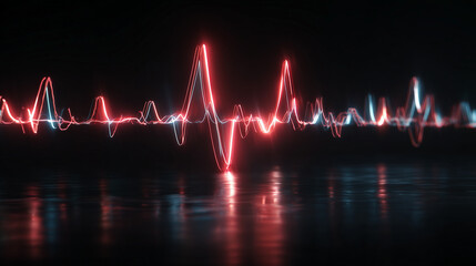 Neon pulse lines moving rhythmically, heartbeat energy visualization, techno music concept