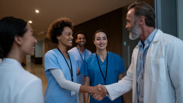 Diverse Medical Team Shaking Hands in Hospital Hallway with Smiles