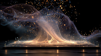 Modern web-like metal structure passage with transparent guardrails and reflective floor, extending to distant mountains and sky