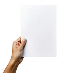 Hand holding blank white paper isolated on black background with ample copy space