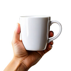 A person's hand holds a white ceramic coffee mug with a heart-shaped handle on a black background