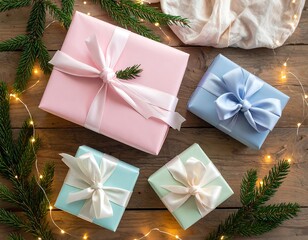 Assortment of gifts on a wooden table, holiday-themed with ribbon and lights