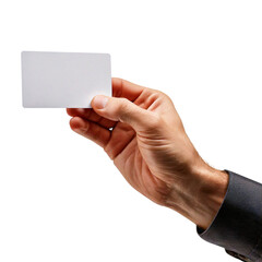 A man in a suit jacket holds up a blank white business card against a dark background
