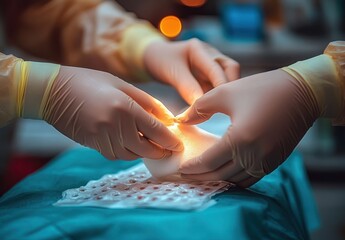 Gloved medical hands carefully handling a silicone implant and sterile packaging on a blue surgical drape, focused and meticulous clinical preparation