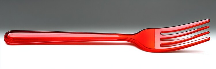 Glossy translucent red plastic fork on a clean white and gray background, minimalist studio close-up conveying sleek modern simplicity and playful vibrancy