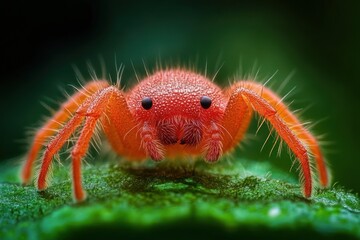 close-up of a tiny bright red fuzzy mite with glossy black eyes and hairy legs perched on a vibrant green leaf, evoking curiosity and wonder