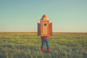 child wearing homemade cardboard rocket costume stands in wide grassy field under expansive sky with playful wonder and adventurous imagination