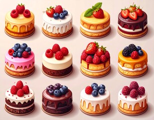 Assortment of small, round cakes topped with various fresh berries