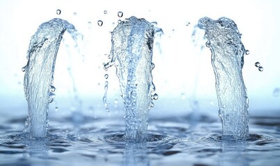 three clear blue water streams arcing from a calm surface with droplets and ripples, creating a refreshing and calming dynamic motion