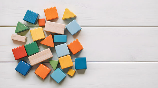 Colorful wooden building blocks scattered on white wooden table background