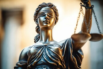 Obraz premium bronze robed female statue holding balancing scales, solemn dignified stance in warm golden light