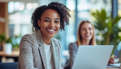 Happy young African American businesswoman using a laptop during a coworking meeting with a smiling female mentor, representing teamwork, leadership, diversity, mentorship, and modern professional.