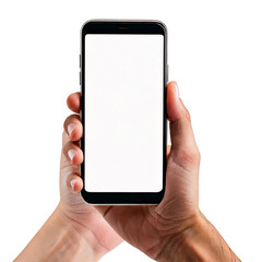 Two hands holding a modern smartphone with a blank white screen on a black background for mockup purposes