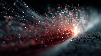 Abstract flowing blue light ribbon background, intertwining and converging with golden light speck accents