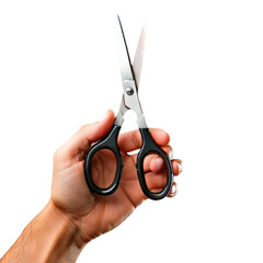 Hand holding sharp black handle scissors