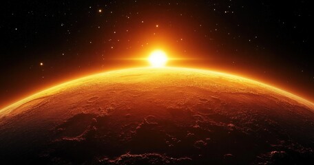 Dramatic sunrise over a cratered red planet with a glowing orange horizon and starry space, evoking awe and solitude