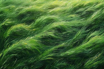 Obraz premium undulating blades of green grass flowing like ocean waves in the wind, serene and dynamic motion
