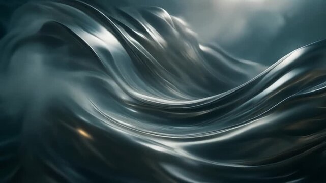 Abstract flowing metallic liquid surface with dynamic waves and ripples, creating a sense of fluidity and movement in a dark, moody atmosphere