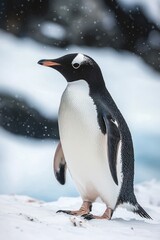 Obraz premium Gentoo penguin standing on snowy shore with falling snowflakes, calm resilient expression